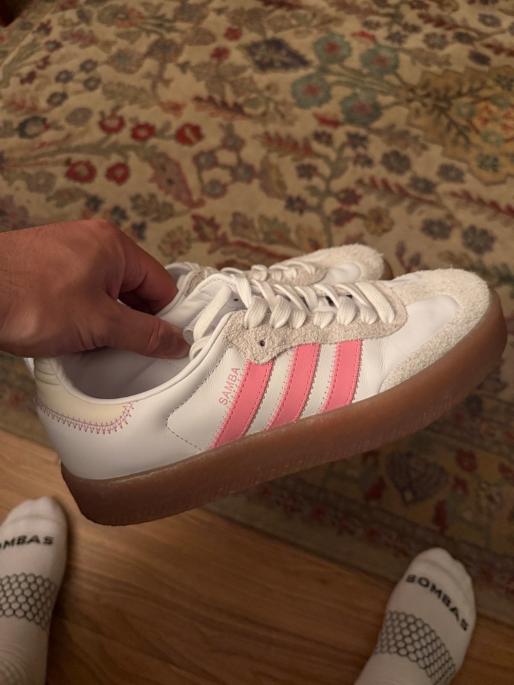 adidas Samba Leather Sneakers - White with Pink Stripes and Gum Sole